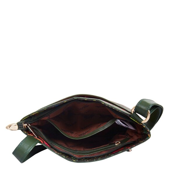 Ladies Green Printed Fabric Crossbody Sling Bag with Leather Trim–Shoulder Purse - Picture 5 of 9